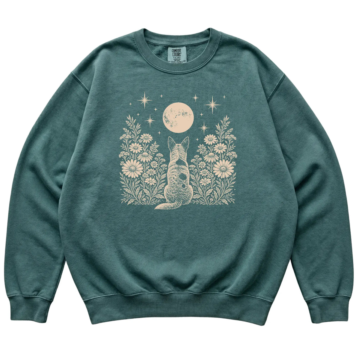 Blue Heeler Wildflower Moon sweatshirt in Blue Spruce, flat lay view