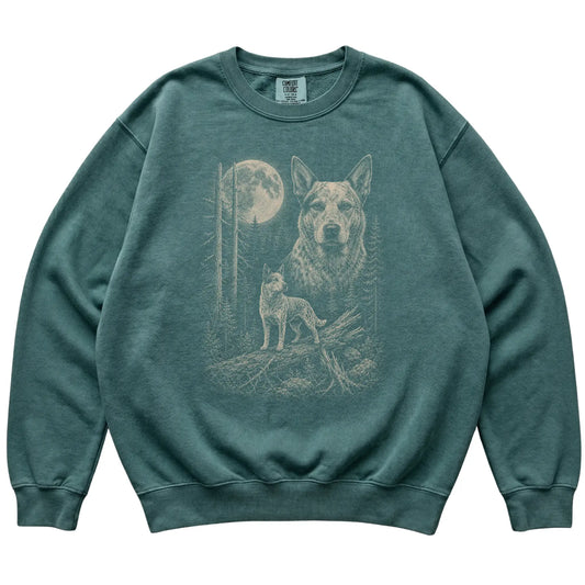 Blue Spruce Blue Heeler Moonlit Forest Comfort Colors sweatshirt, flat view
