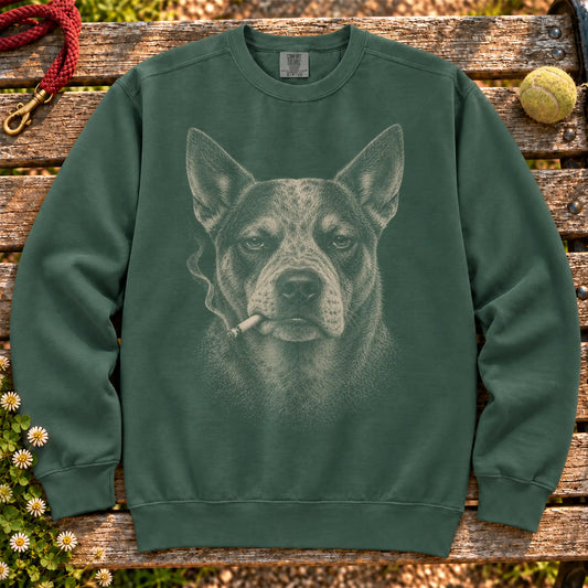 Blue Heeler smoking design on a Blue Spruce sweatshirt