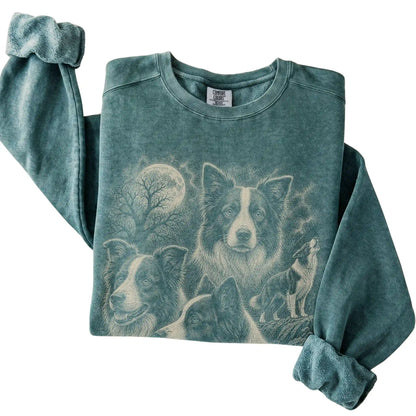 Blue Spruce Comfort Colors sweatshirt featuring a Border Collie 1990s moon design