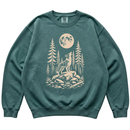 Close view of Border Collie Howling at the Moon artwork on Blue Spruce Comfort Colors sweatshirt