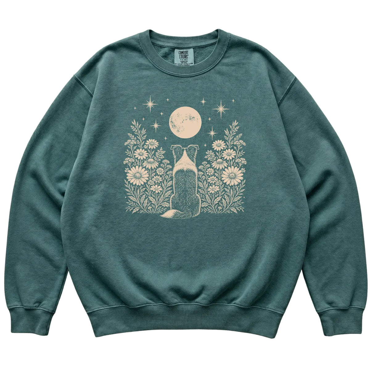 Border Collie Wildflower Moon sweatshirt in Blue Spruce, flat lay view