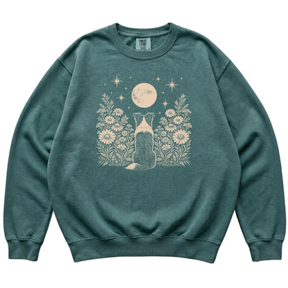 Border Collie Wildflower Moon sweatshirt in Blue Spruce, flat lay view
