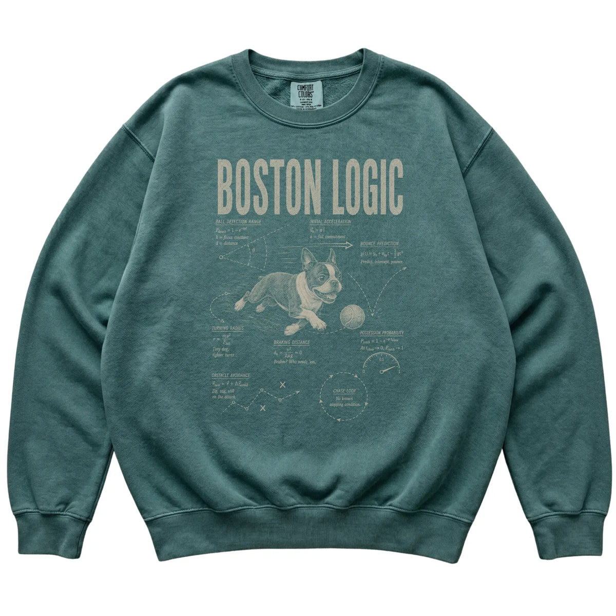 Blue Spruce Boston Terrier Ball Logic T-Shirt laid flat