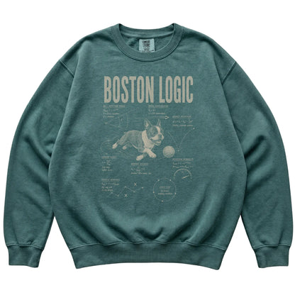 Blue Spruce Boston Terrier Ball Logic T-Shirt laid flat