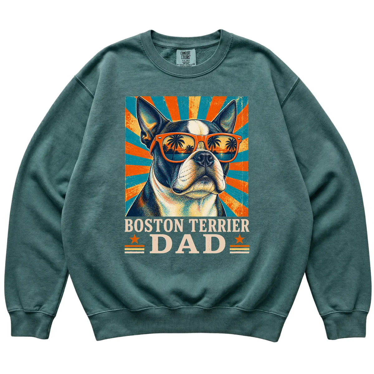 Retro Boston Terrier Dad design on a Blue Spruce Comfort Colors sweatshirt