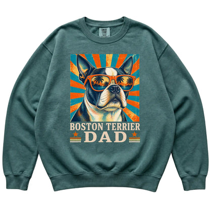 Retro Boston Terrier Dad design on a Blue Spruce Comfort Colors sweatshirt