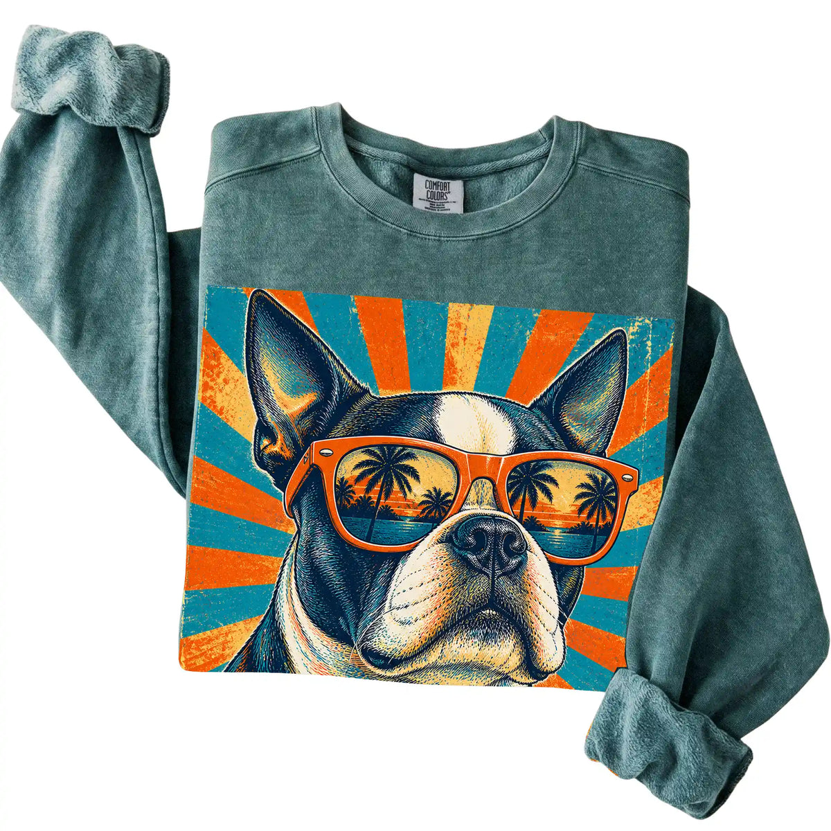 Folded Blue Spruce Comfort Colors sweatshirt with a Retro Boston Terrier Dad design