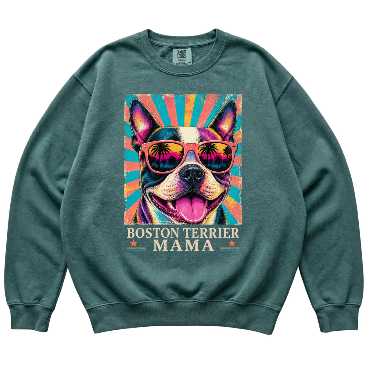 Retro Boston Terrier Mama design on a Blue Spruce Comfort Colors sweatshirt