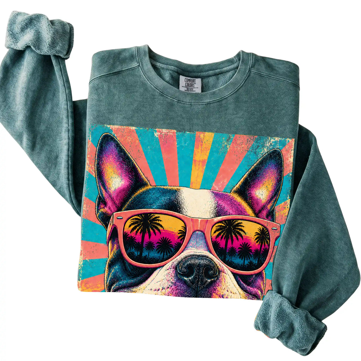 Folded Blue Spruce Comfort Colors sweatshirt with a Retro Boston Terrier Mama design