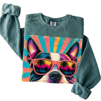 Folded Blue Spruce Comfort Colors sweatshirt with a Retro Boston Terrier Mama design