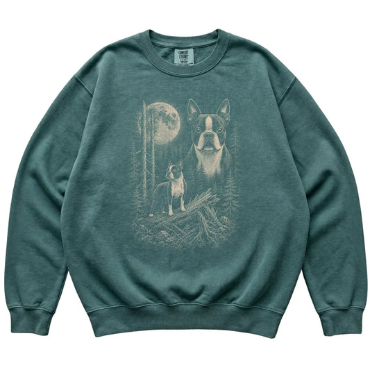 Blue Spruce Boston Terrier Moonlit Forest Comfort Colors sweatshirt, flat view