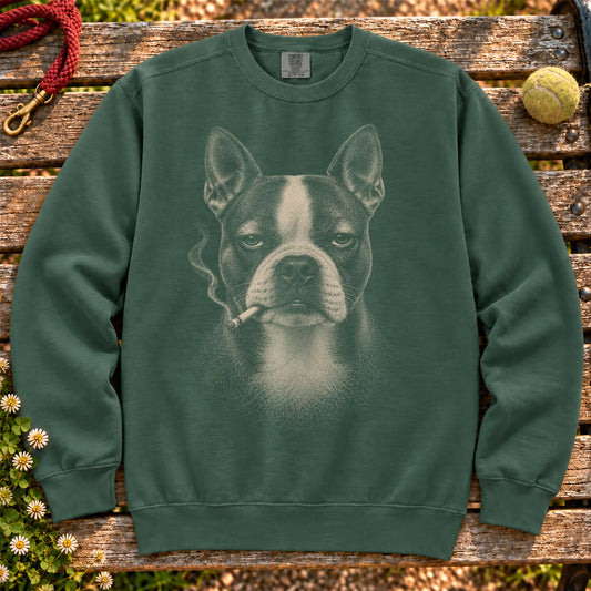 Boston Terrier smoking design on a Blue Spruce sweatshirt