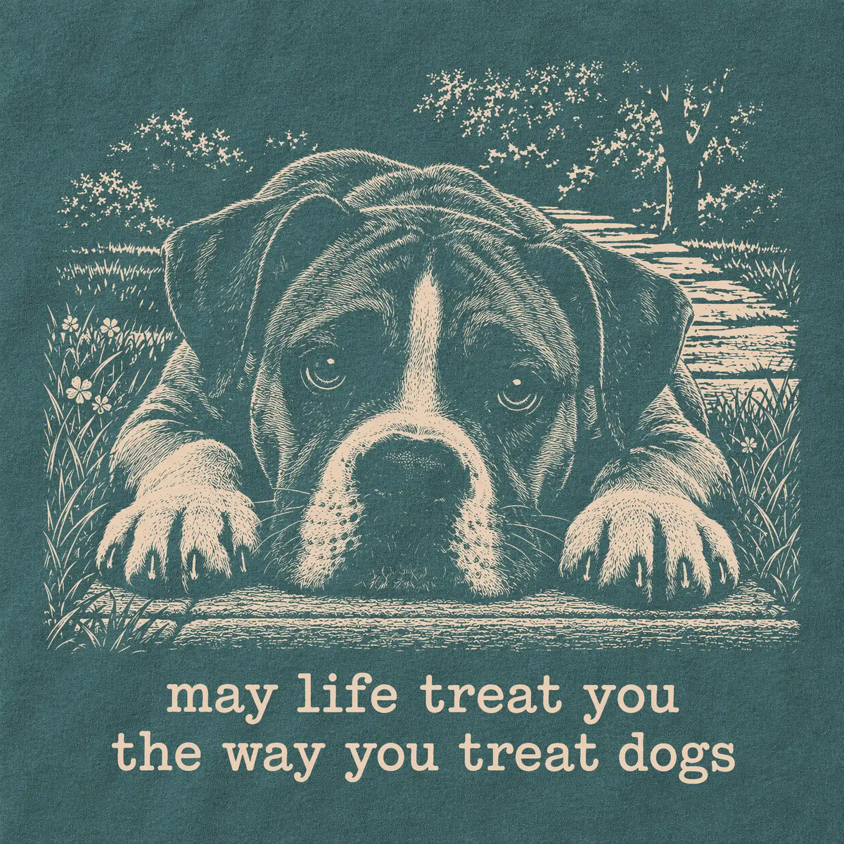 Boxer Karma Comfort Colors sweatshirt in Blue Spruce — Design Detail