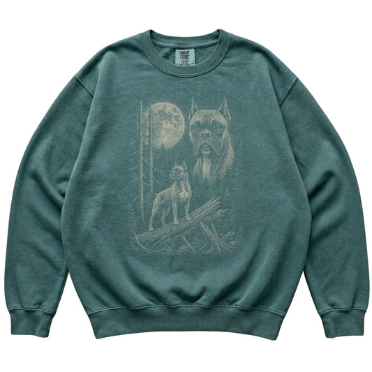 Blue Spruce Boxer Moonlit Forest Comfort Colors sweatshirt, flat view