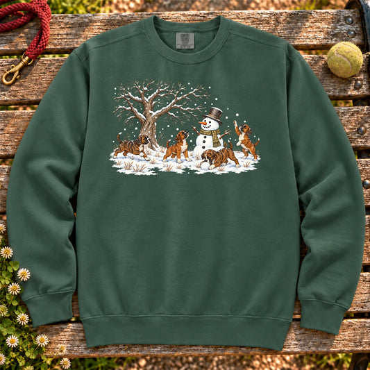 Boxer puppies playing in snow with a snowman on a Blue Spruce sweatshirt