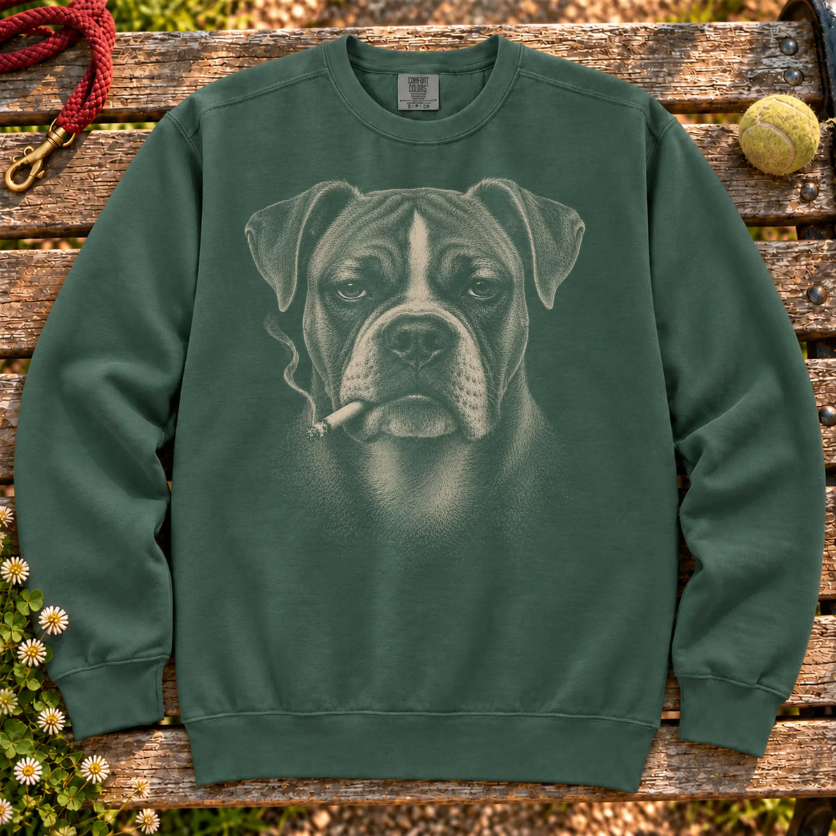 Boxer smoking design on a Blue Spruce sweatshirt