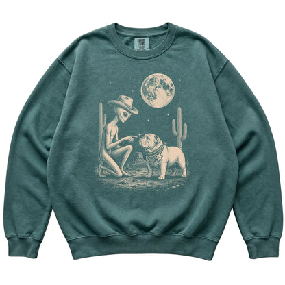 Blue Spruce Comfort Colors® sweatshirt featuring Bulldog Cowboy and Alien, laid-flat presentation