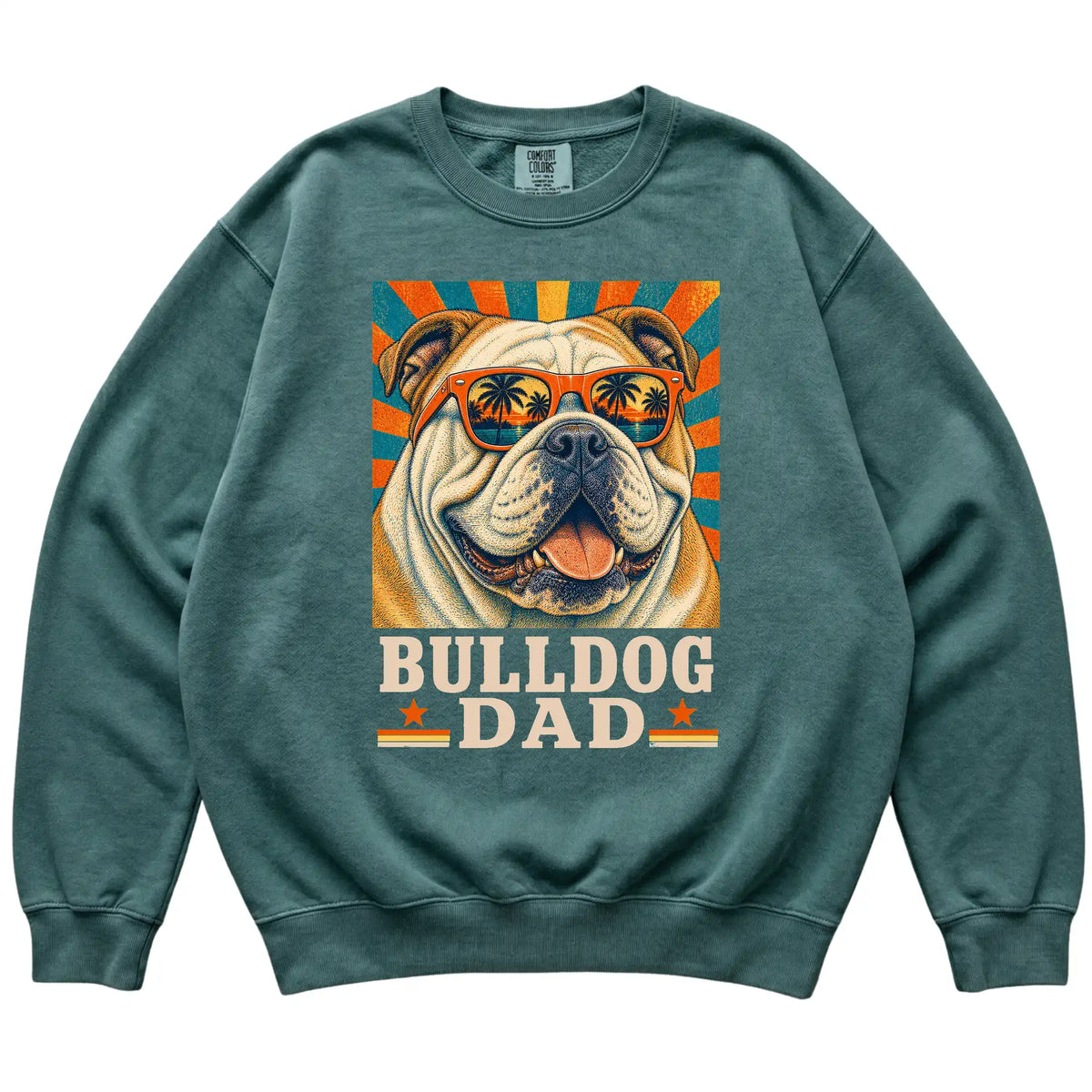 Retro Bulldog Dad design on a Blue Spruce Comfort Colors sweatshirt
