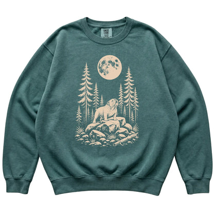Close view of Bulldog Howling at the Moon artwork on Blue Spruce Comfort Colors sweatshirt