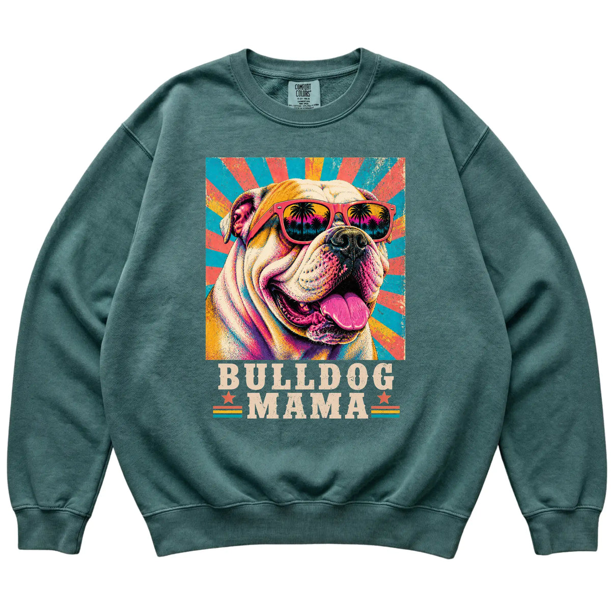 Retro Bulldog Mama design on a Blue Spruce Comfort Colors sweatshirt