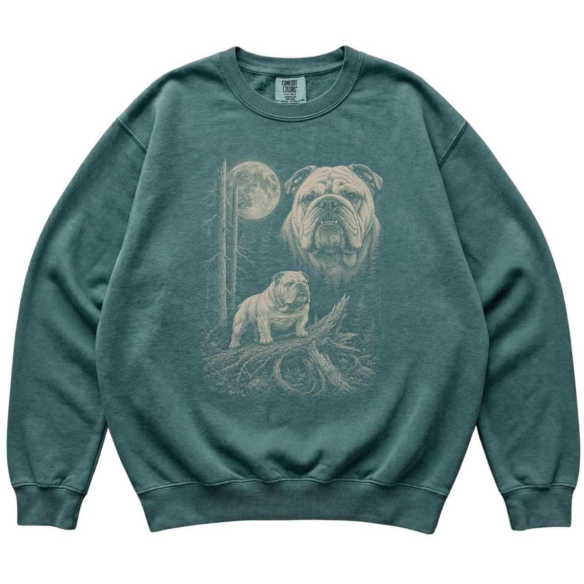 Blue Spruce Bulldog Moonlit Forest Comfort Colors sweatshirt, flat view