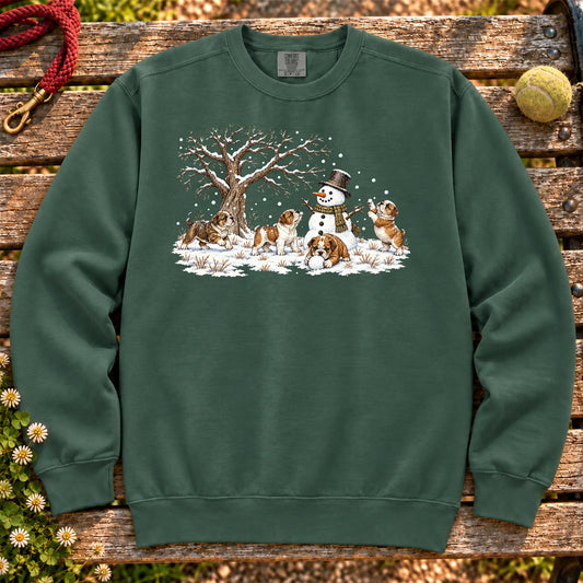 Bulldog puppies playing in snow with a snowman on a Blue Spruce sweatshirt