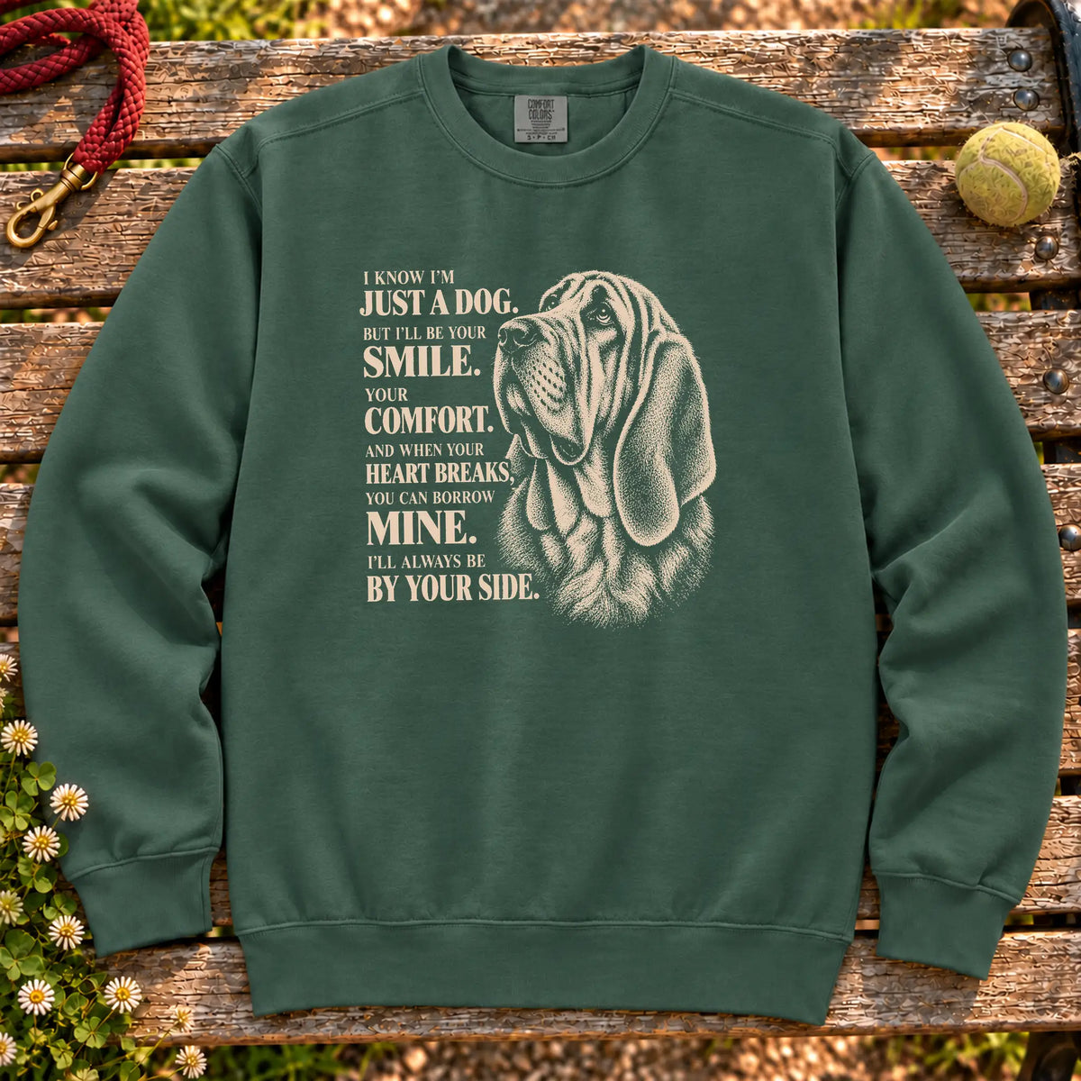 Blue Spruce Comfort Colors® sweatshirt featuring the Bloodhound By Your Side design.