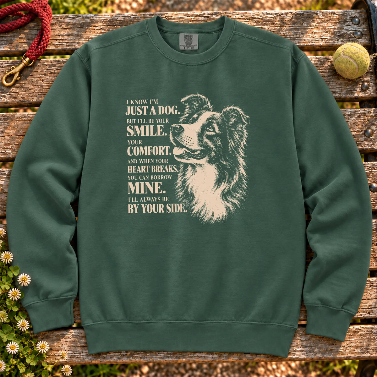 Blue Spruce Comfort Colors® sweatshirt featuring the Border Collie By Your Side design.