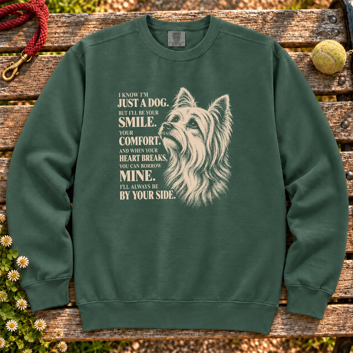 Blue Spruce Comfort Colors® sweatshirt featuring the Yorkie By Your Side design.