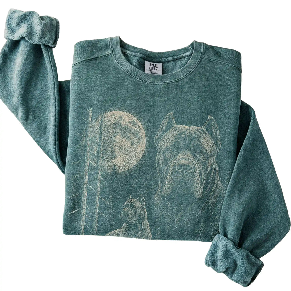 Blue Spruce Cane Corso Moonlit Forest Comfort Colors sweatshirt, folded view