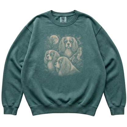 Cavalier King Charles Spaniel 90s Moon Sweatshirt in Blue Spruce — flat lay