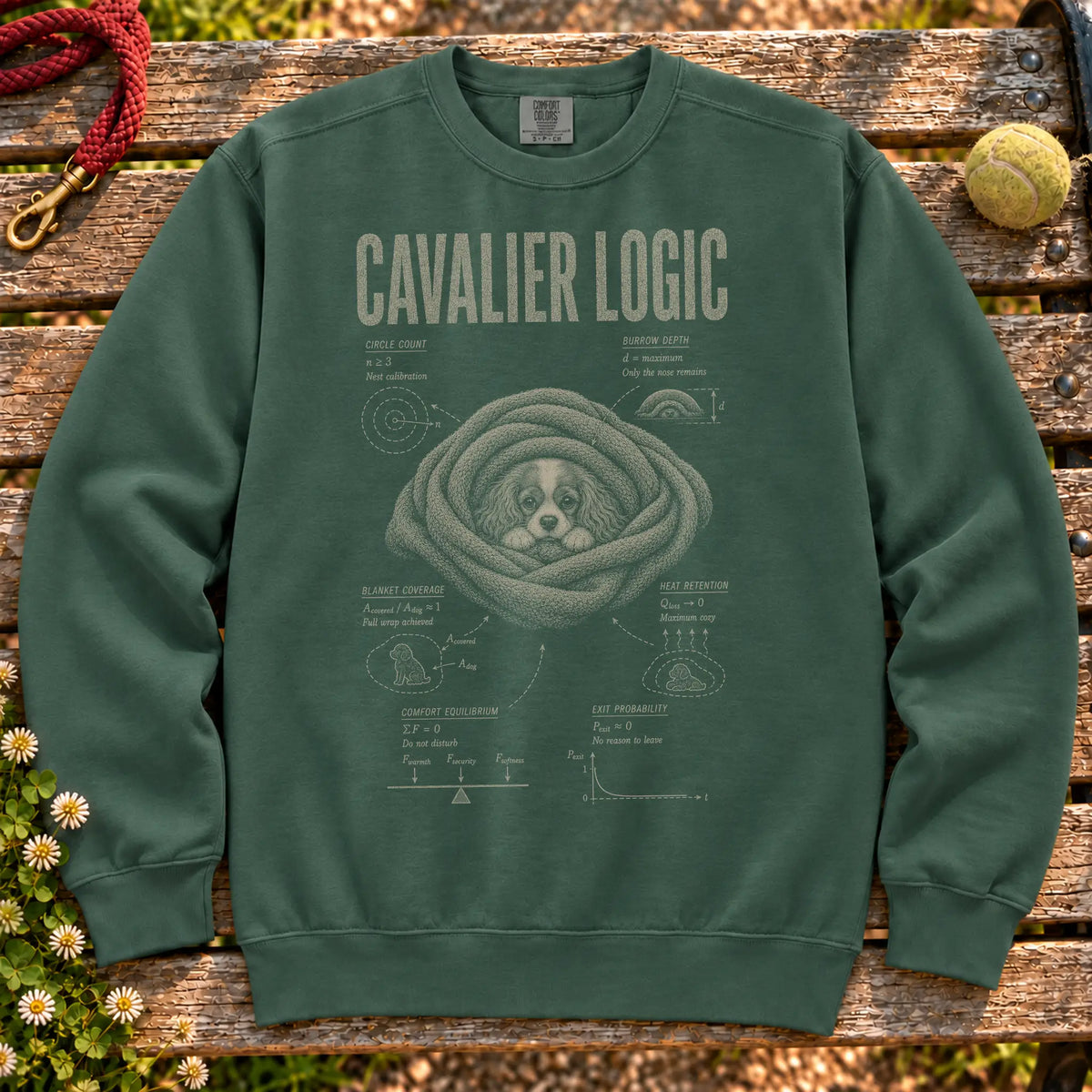 Cavalier King Charles Spaniel Logic on a Blue Spruce crewneck sweatshirt, shown flat