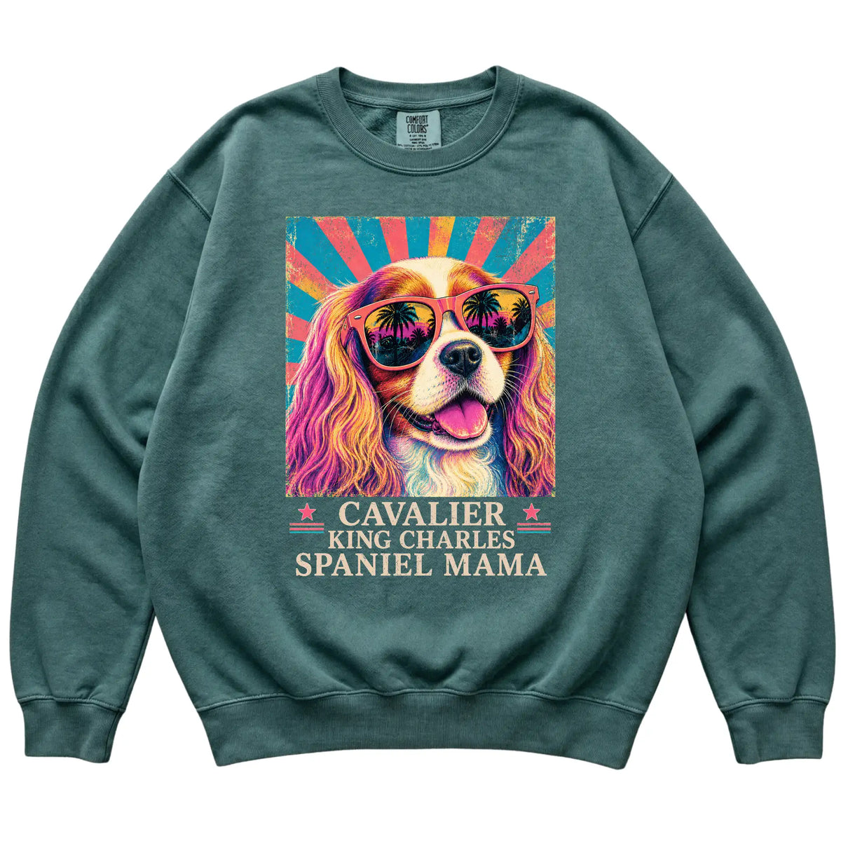 Retro Cavalier King Charles Spaniel Mama design on a Blue Spruce Comfort Colors sweatshirt