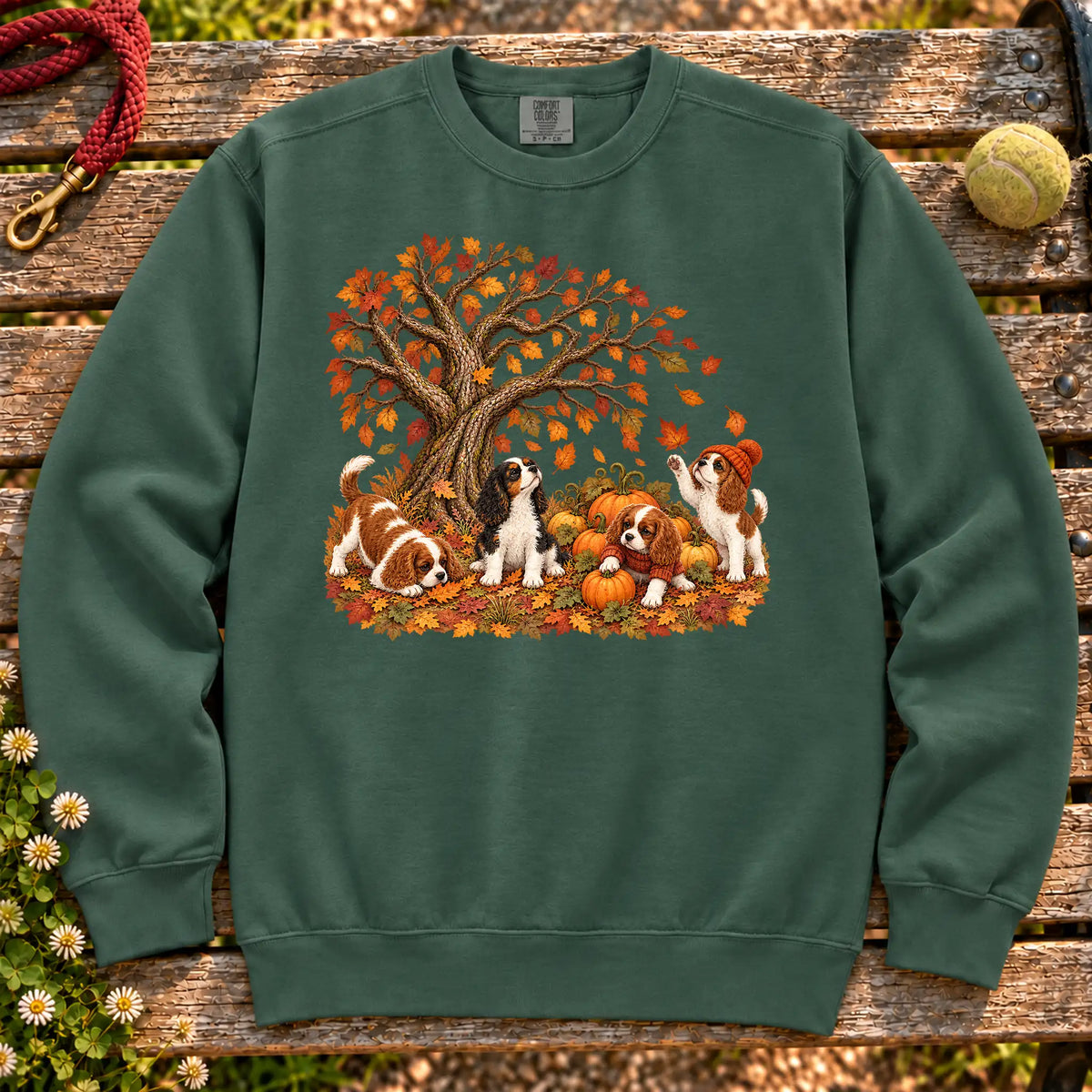 Four Cavalier King Charles Spaniel puppies with pumpkins beneath an autumn tree on a Blue Spruce garment-dyed sweatshirt