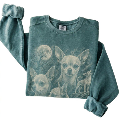 Blue Spruce Comfort Colors sweatshirt featuring a Chihuahua 1990s moon design