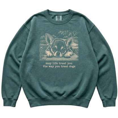 Chihuahua Karma Comfort Colors sweatshirt in Blue Spruce — Flat Lay