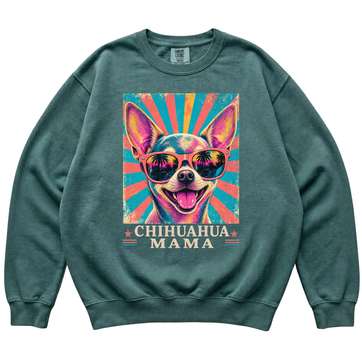 Retro Chihuahua Mama design on a Blue Spruce Comfort Colors sweatshirt