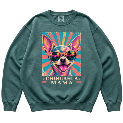 Retro Chihuahua Mama design on a Blue Spruce Comfort Colors sweatshirt