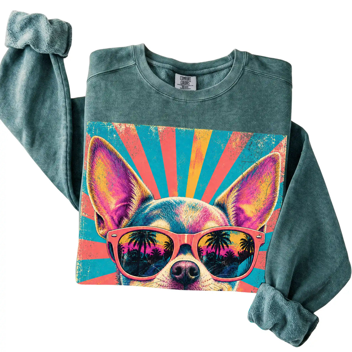 Folded Blue Spruce Comfort Colors sweatshirt with a Retro Chihuahua Mama design