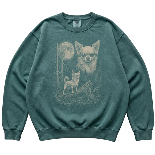 Blue Spruce Chihuahua Moonlit Forest Comfort Colors sweatshirt, flat view