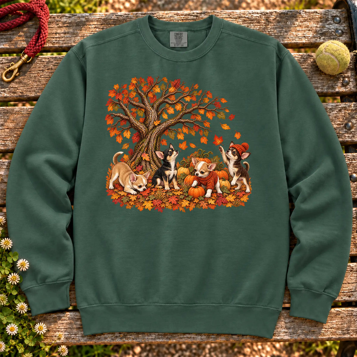 Four Chihuahua puppies with pumpkins beneath an autumn tree on a Blue Spruce garment-dyed sweatshirt