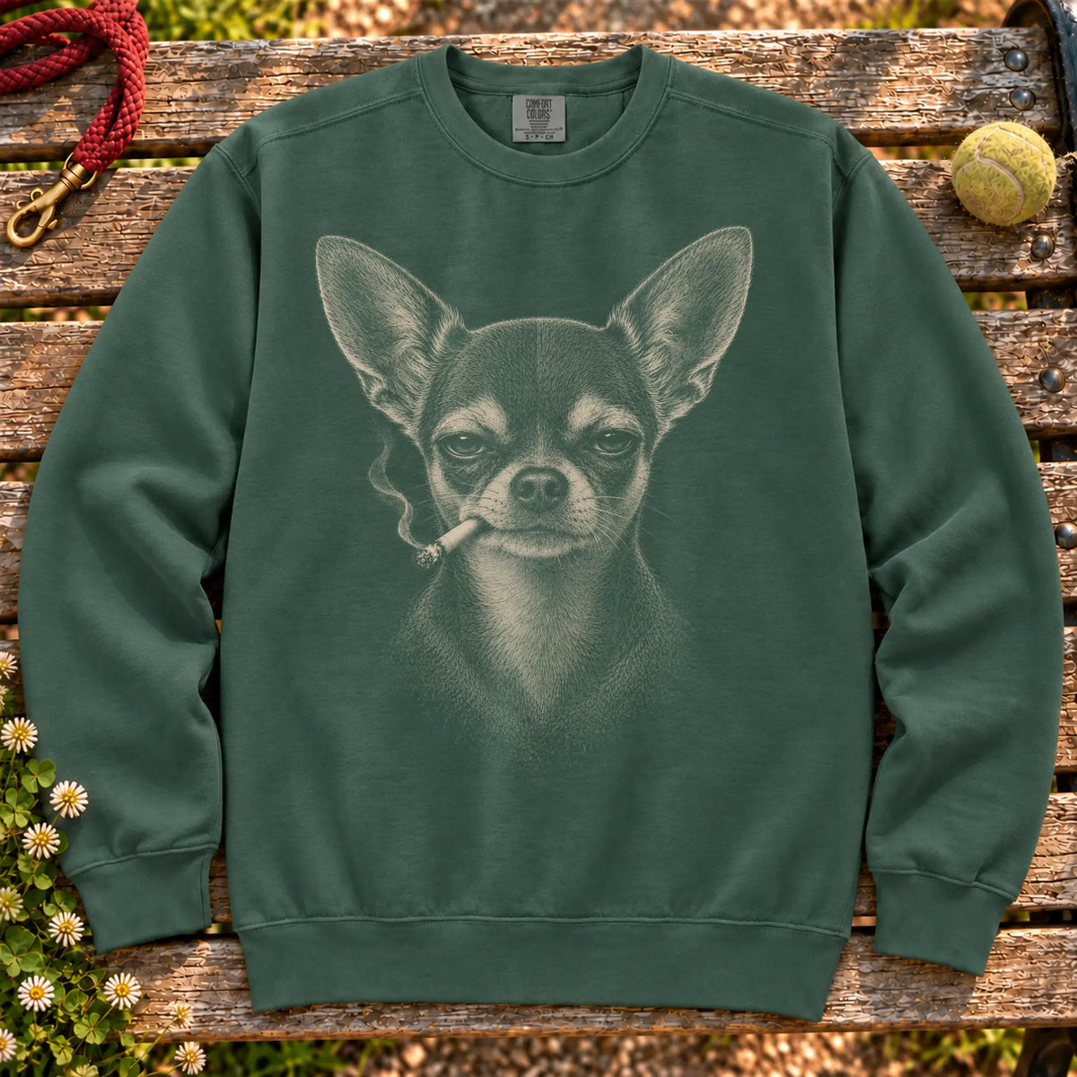Chihuahua smoking design on a Blue Spruce sweatshirt