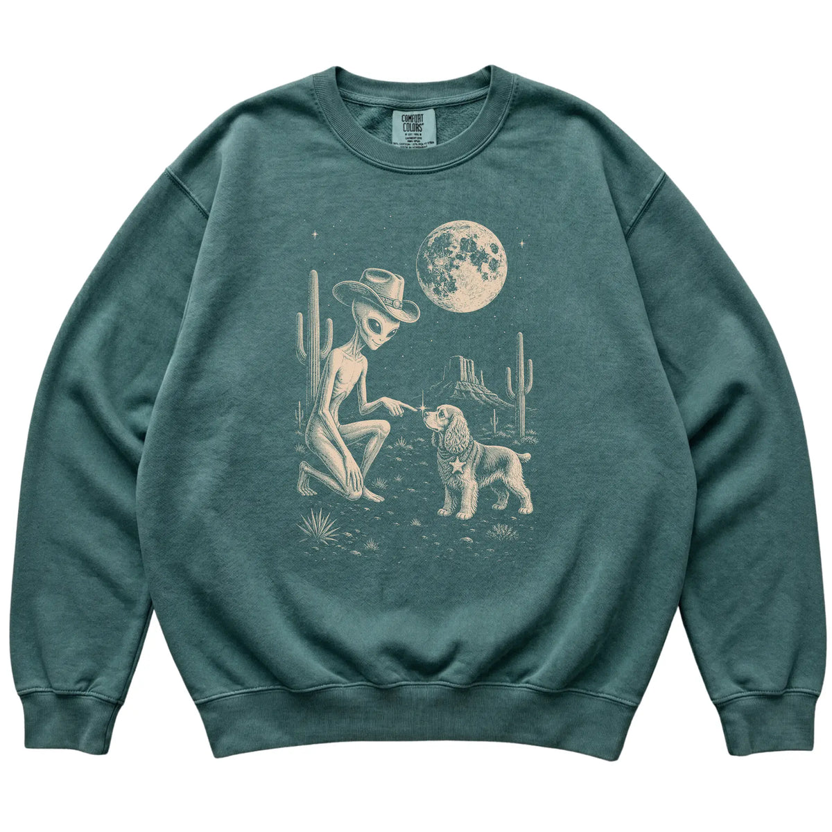 Blue Spruce Comfort Colors® sweatshirt featuring Cocker Spaniel Cowboy and Alien, laid-flat presentation