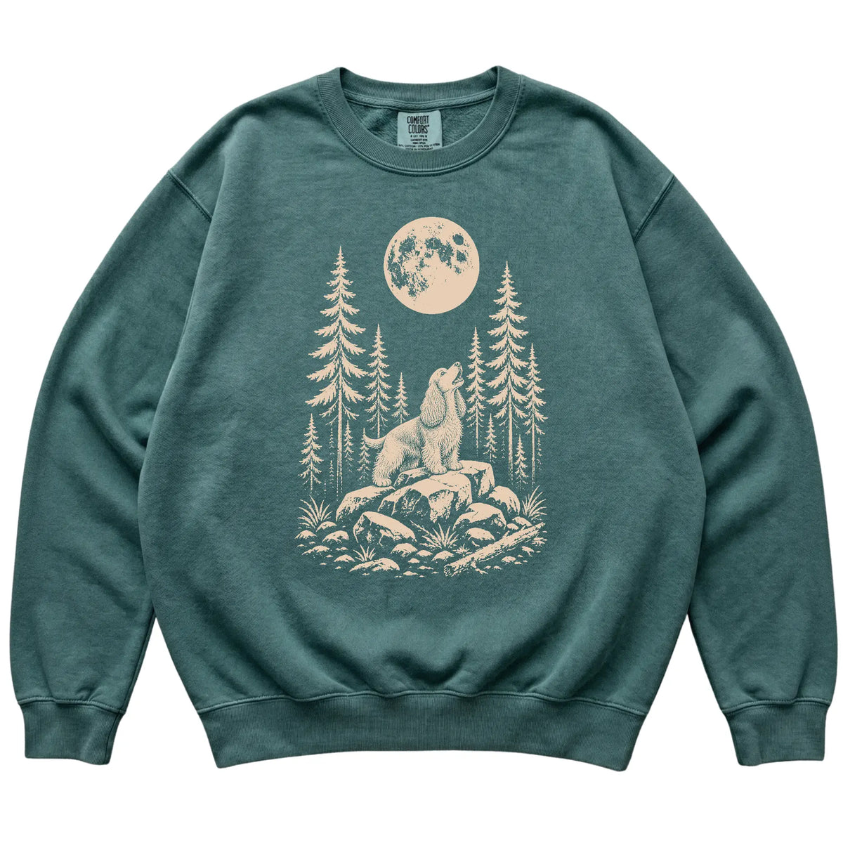 Close view of Cocker Spaniel Howling at the Moon artwork on Blue Spruce Comfort Colors sweatshirt