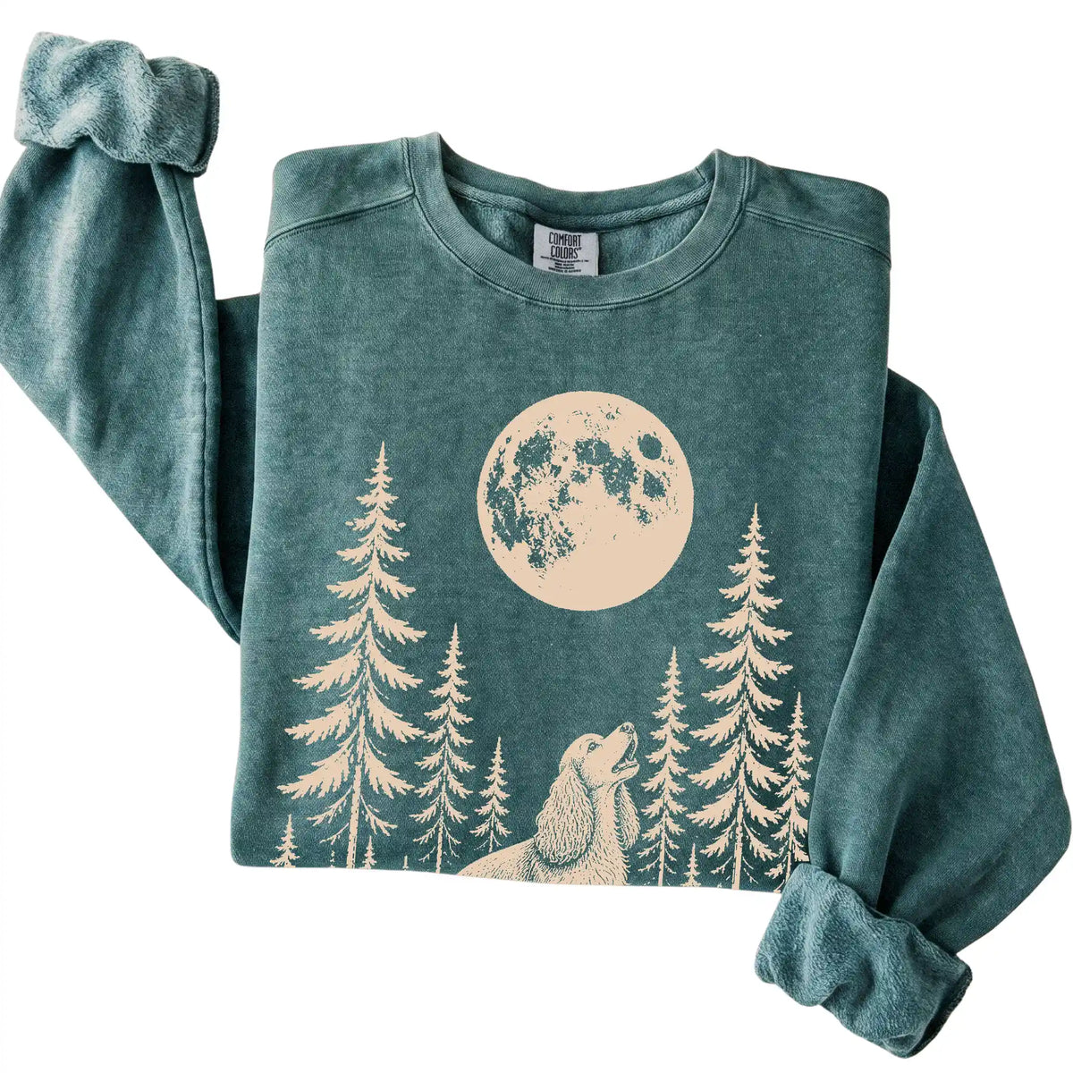 Cocker Spaniel Howling at the Moon Comfort Colors sweatshirt in Blue Spruce