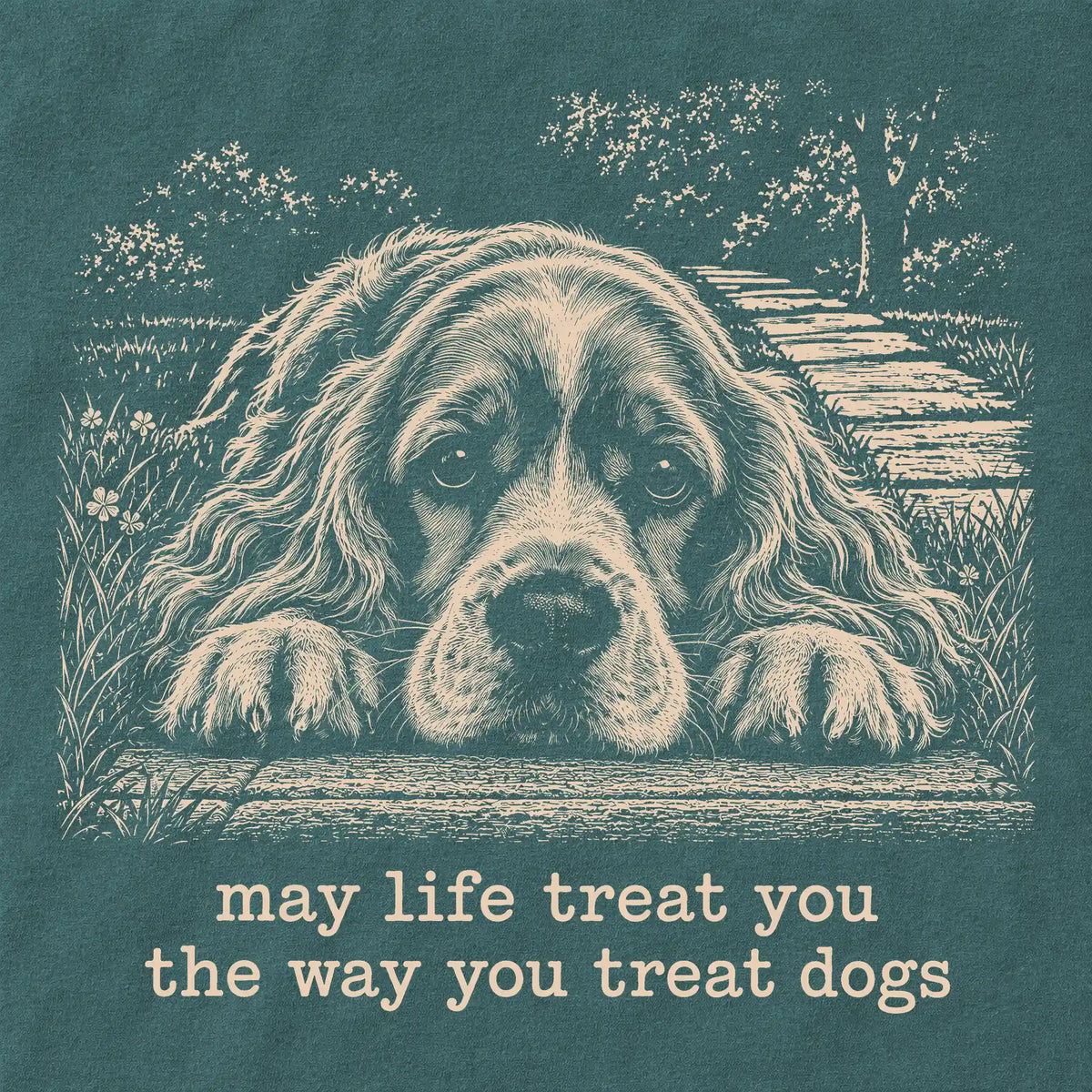 Cocker Spaniel Karma Comfort Colors sweatshirt in Blue Spruce — Design Detail