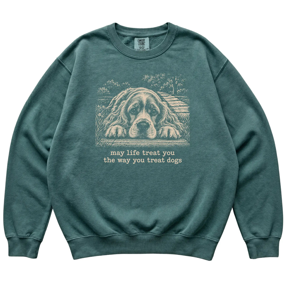 Cocker Spaniel Karma Comfort Colors sweatshirt in Blue Spruce — Flat Lay