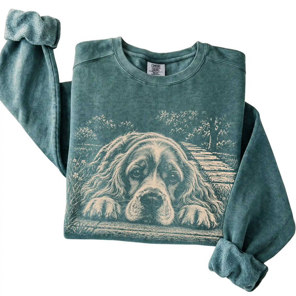 Cocker Spaniel Karma Comfort Colors sweatshirt in Blue Spruce — Folded Detail