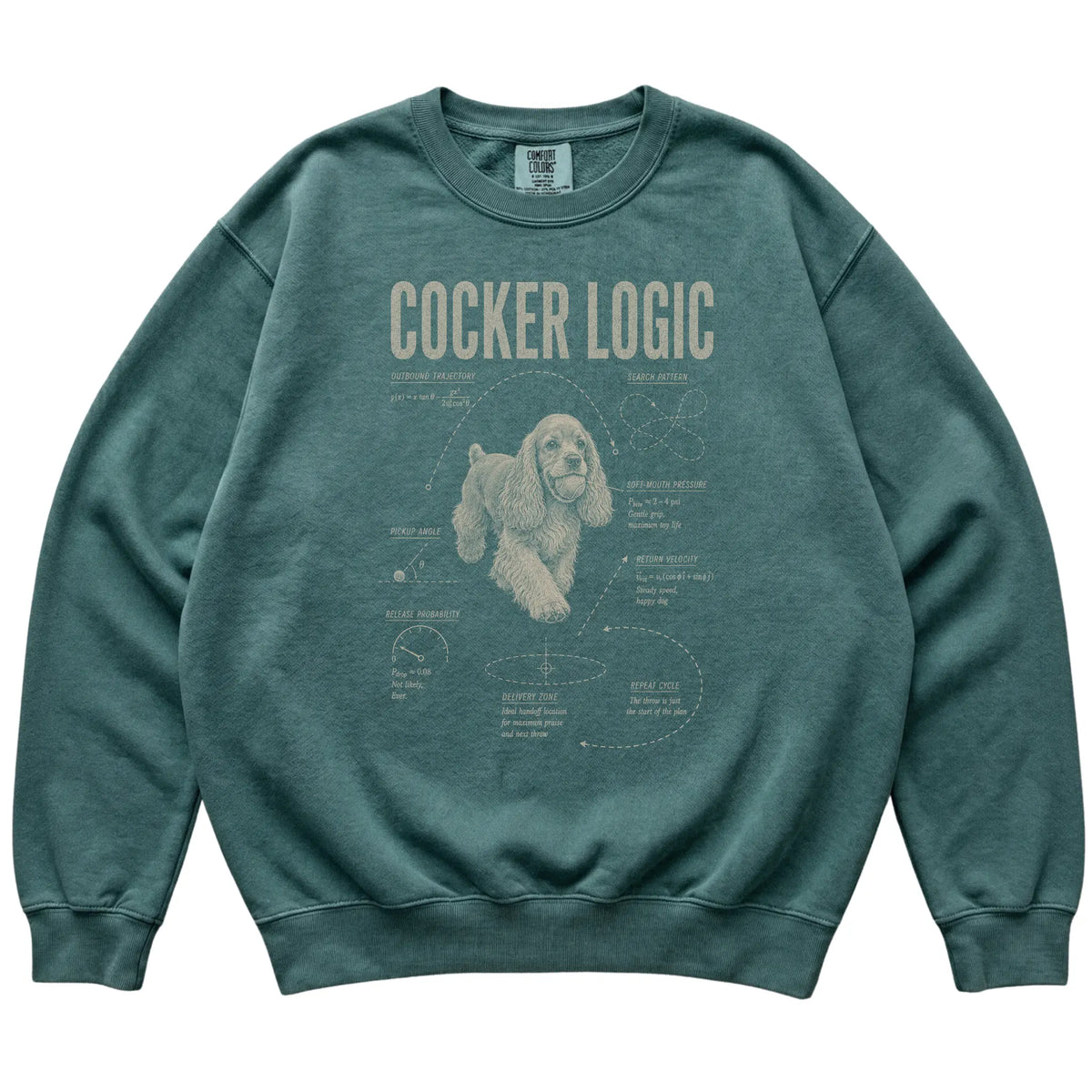Blue Spruce Cocker Spaniel Logic T-Shirt laid flat